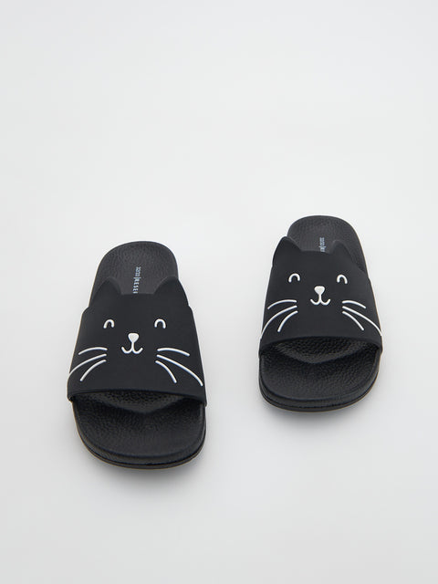 Black cat-themed slides on a white background