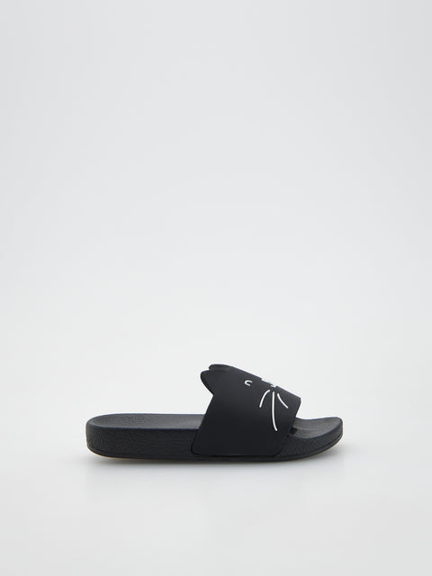 Black slide sandal on a white background