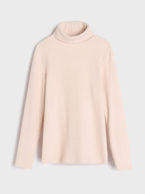 Beige ribbed sweater on a light gray background
