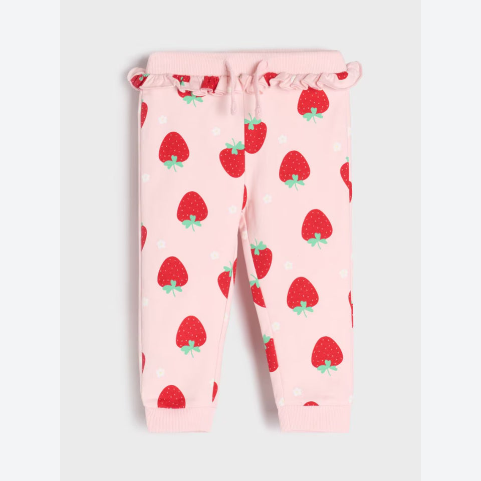 Pink children's jogger pants with a strawberry print, featuring a ruffled elastic waistband and drawstring.