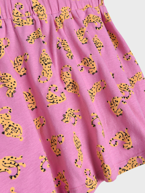 Pink fabric with yellow leopard print pattern