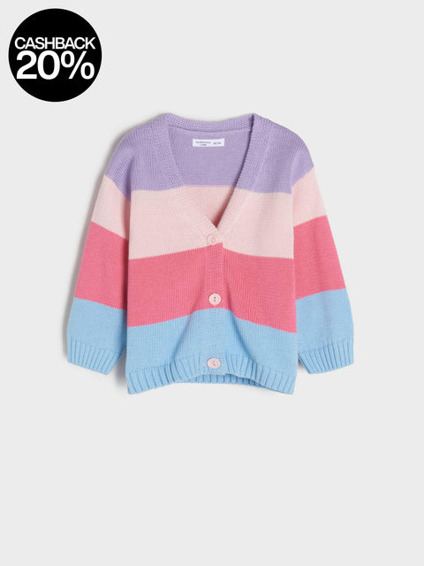 Color-blocked cardigan with cashback offer on a light gray background