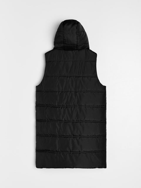 Black quilted vest with a hood on a white background