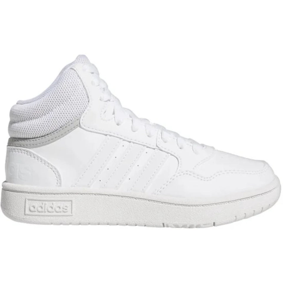 A white Adidas mid-top sneaker shown from the side profile against a plain white background.