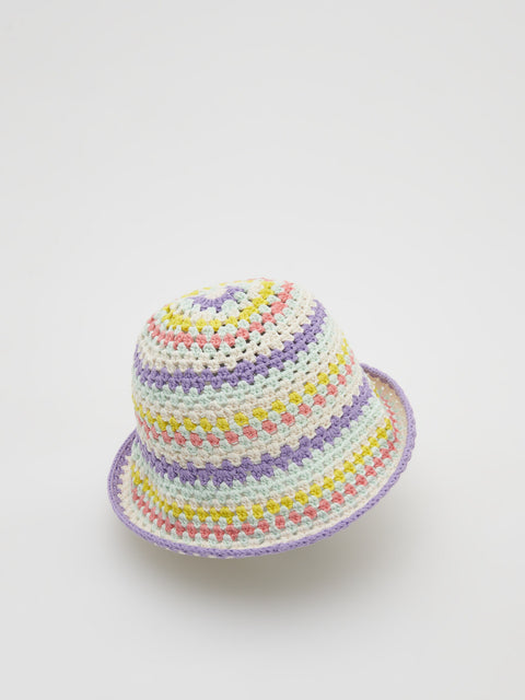 Colorful striped bucket hat on a light gray background