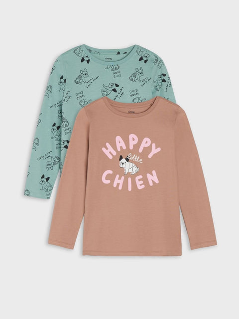 Two long-sleeve shirts, one with a dog pattern and the other with 'Happy Little Chien' text, on a white background.