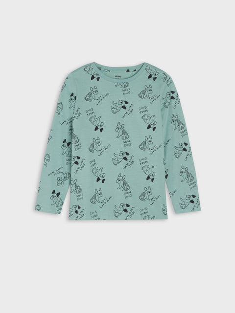 Green long-sleeve shirt with cartoon character print on a white background