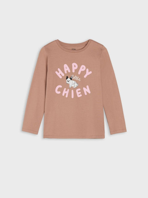 Brown long-sleeve shirt with 'Happy Little Chien' text and dog graphic on a light gray background