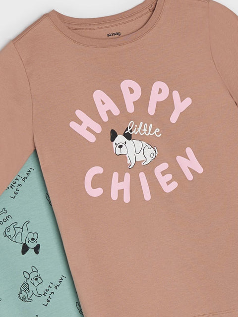 Brown t-shirt with 'Happy little Chien' text and dog illustration on a white background