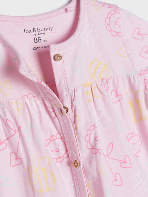 Pink children's shirt with cartoon designs and 'fox & bunny' branding.