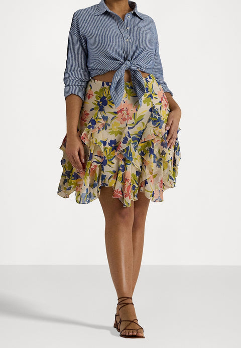 Lauren Ralph Lauren Women's Cream/Blue Multi Floral Ruffle-Trim Georgette Skirt | Lauren Ralph Lauren In Lebanon