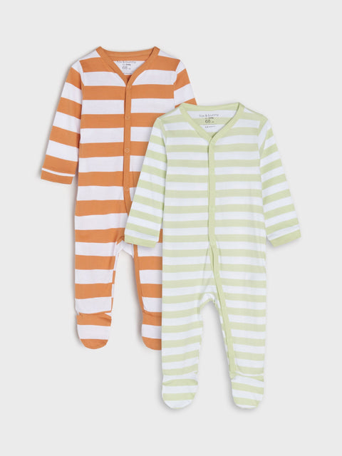 Two striped baby onesies, one orange and white, one green and white, on a light gray background.