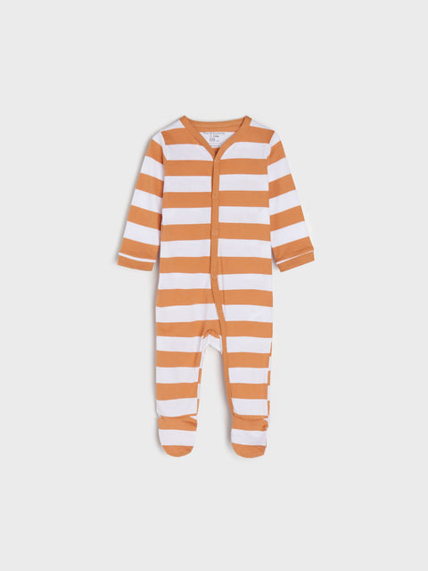 Striped baby onesie with orange and white horizontal stripes on a light gray background