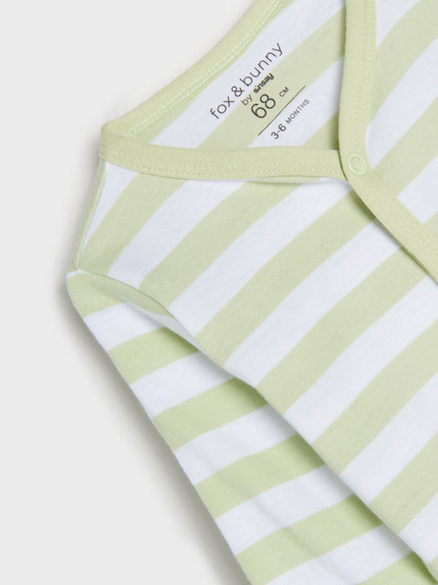 Green and white striped baby outfit with 'fox & bunny' label on a light gray background