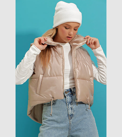 Xlacati Women's Light  Beige High Neck Adjustable Waist Zip-Through Inflatable Vest  | Xlacati  in Lebanon