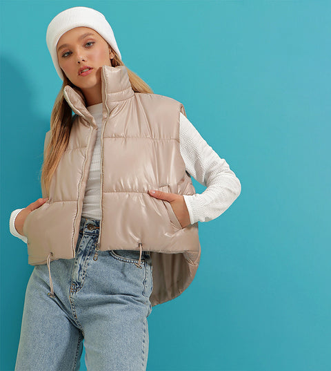 Xlacati Women's Light  Beige High Neck Adjustable Waist Zip-Through Inflatable Vest  | Xlacati  in Lebanon