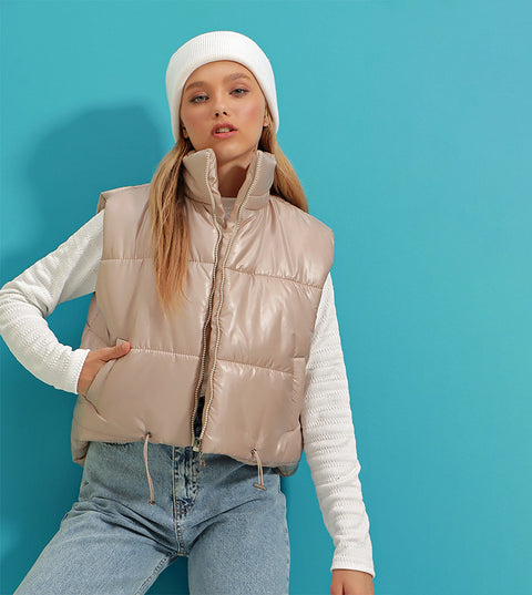 Xlacati Women's Light  Beige High Neck Adjustable Waist Zip-Through Inflatable Vest  | Xlacati  in Lebanon