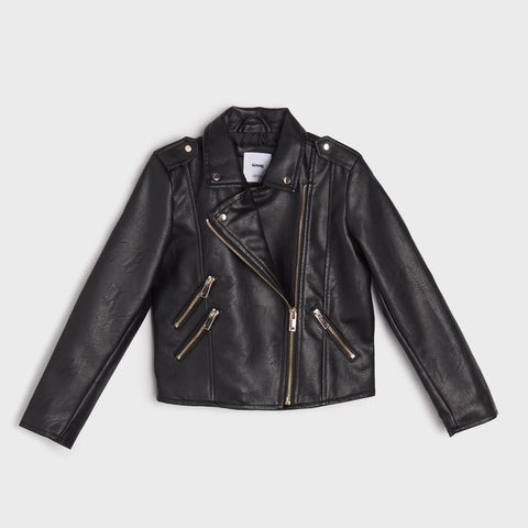 Black leather jacket with gold zippers on a light gray background