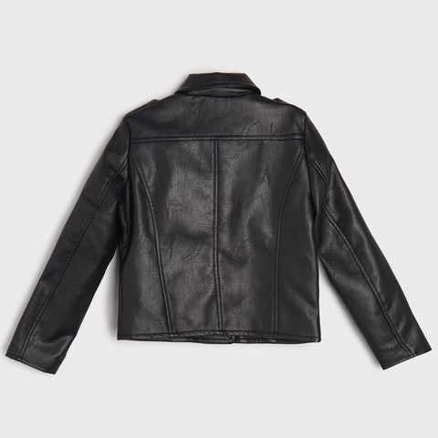 Black leather jacket on a light gray background