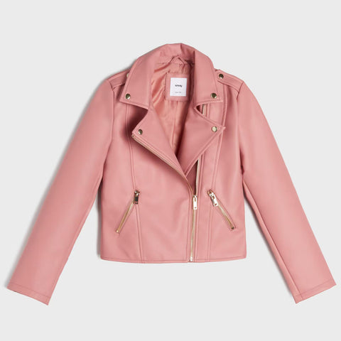 Pink leather jacket with gold zippers on a light gray background