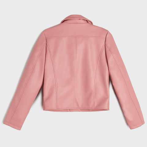 Pink leather jacket on a light gray background