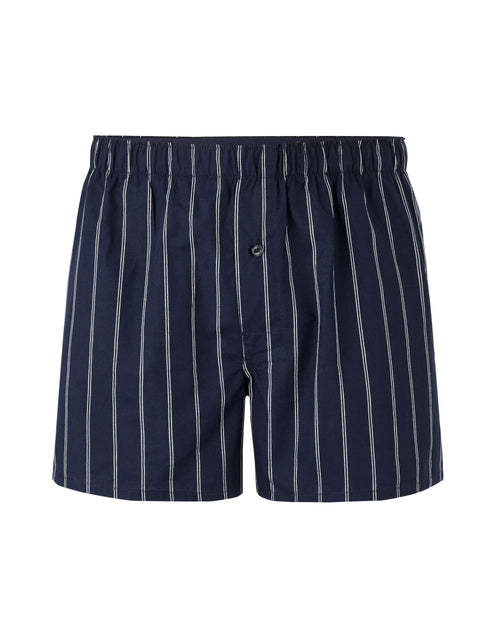 Navy blue boxer shorts with white stripes on a white background