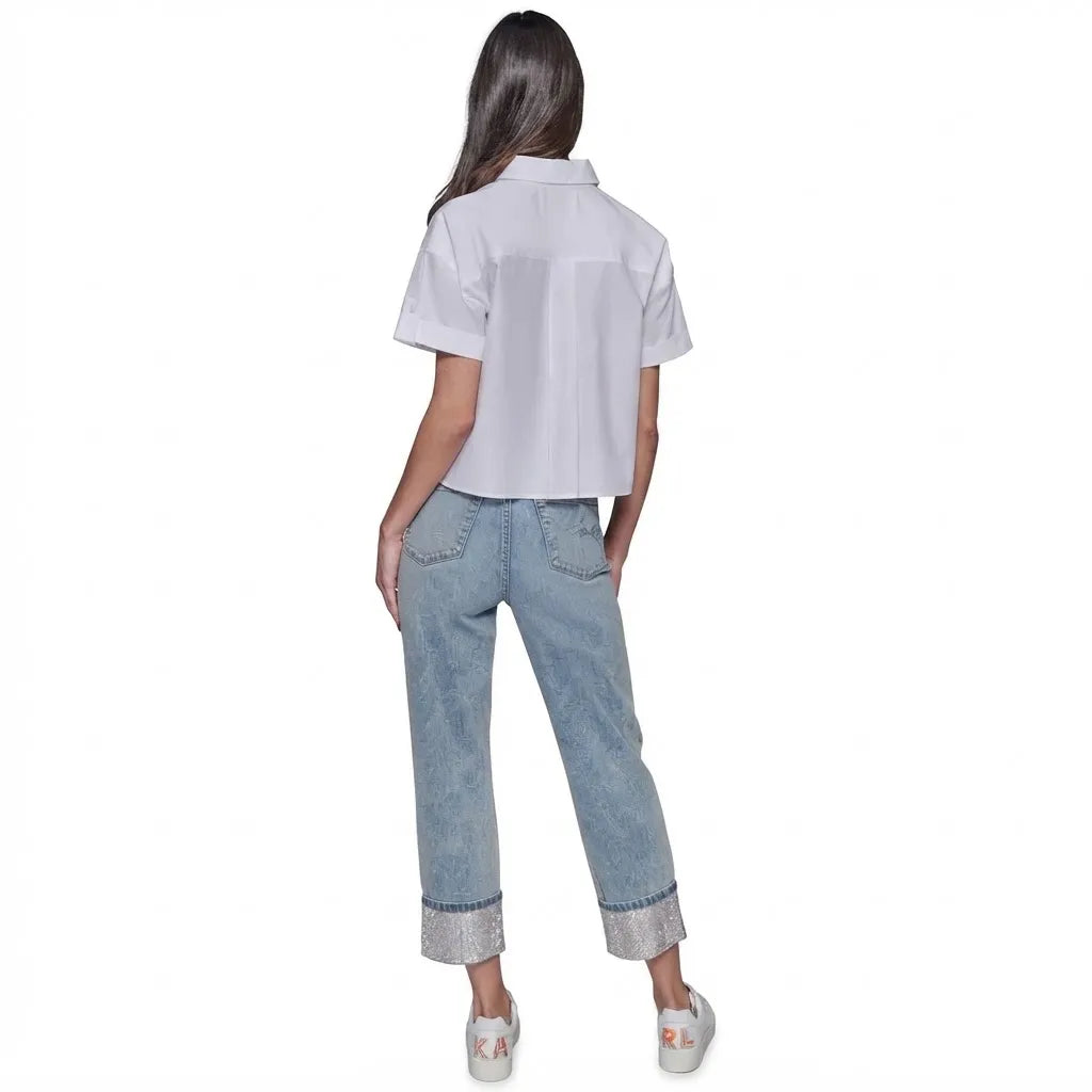 Karl Lagerfeld Women's White Embroidered Floral Details Short-Sleeve Shirt