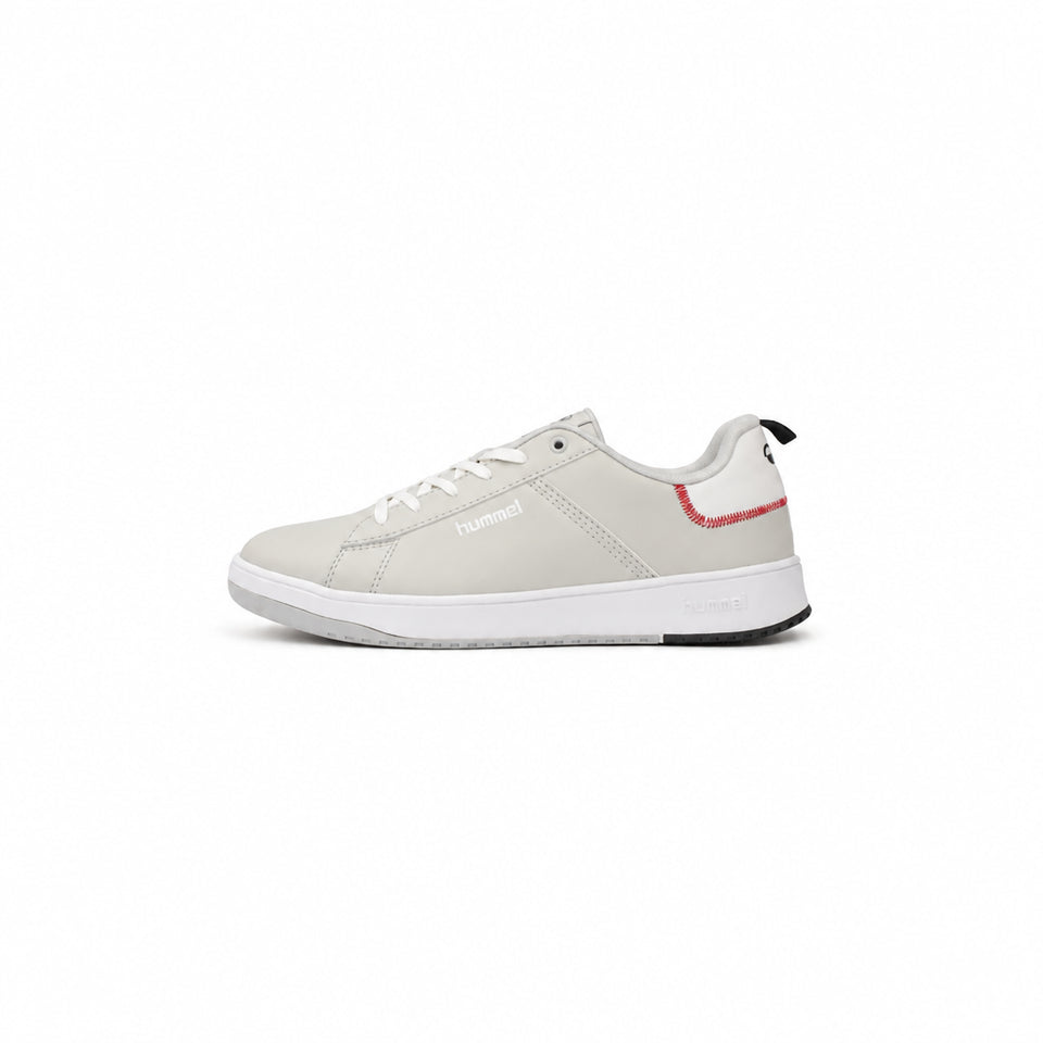A light gray and white Hummel low-top sneaker with white laces, a white midsole, and a red stitched accent on the heel, shown against a plain white background.