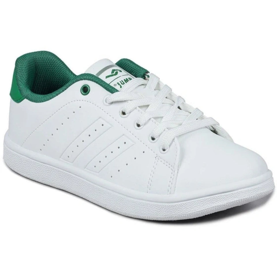 A white low-top sneaker with green accents on the collar, tongue, and heel, featuring perforated side stripes and white laces, shown on a plain white background.