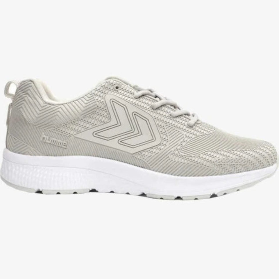 A light gray and white athletic sneaker shown from the side against a plain light gray background. The shoe features a textured knit upper, a large stylized chevron logo on the side, and a thick white midsole.