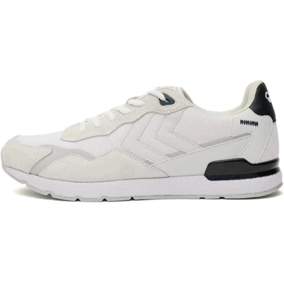 A white and light gray athletic sneaker with black accents on the heel and tongue, shown from a side profile view against a white background.