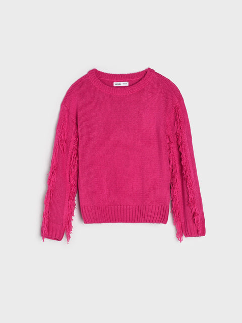 Pink sweater with fringed sleeves on a light gray background