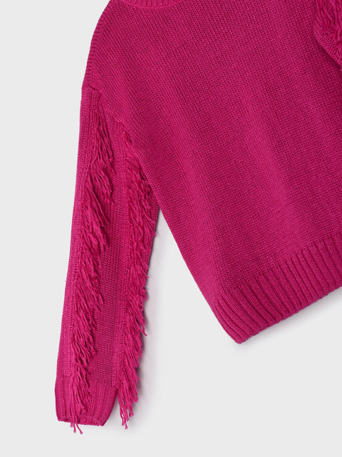 Close-up of a pink sweater with fringed sleeves on a light gray background