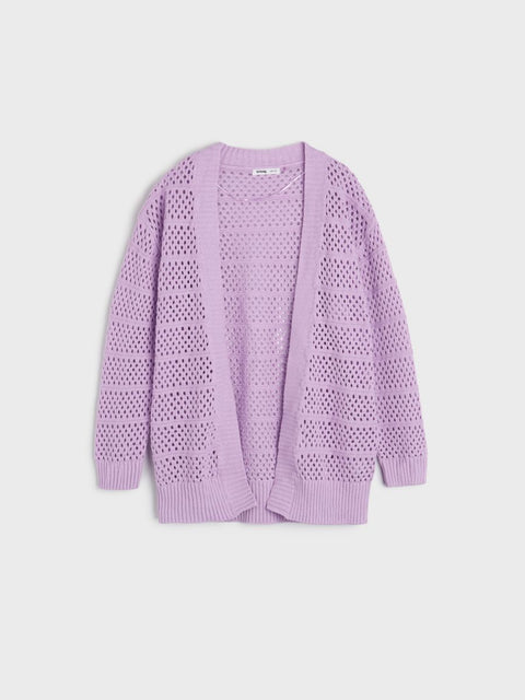 Purple open-knit cardigan on a light purple background