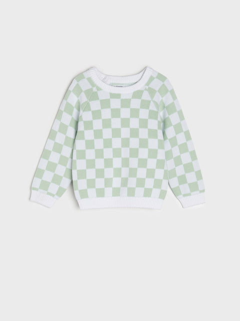 Green and white checkered sweater on a light gray background