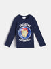 Navy blue long-sleeve shirt with Avengers assemble graphic on a light gray background