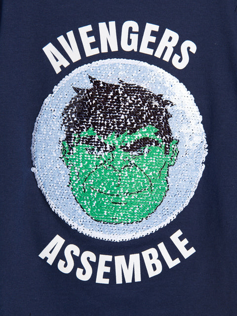 Navy blue shirt with Avengers logo featuring a sequined Hulk face.