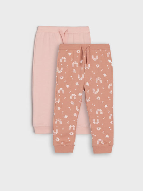 Two pairs of children's jogger pants, one pink and one with a pattern, on a light gray background.