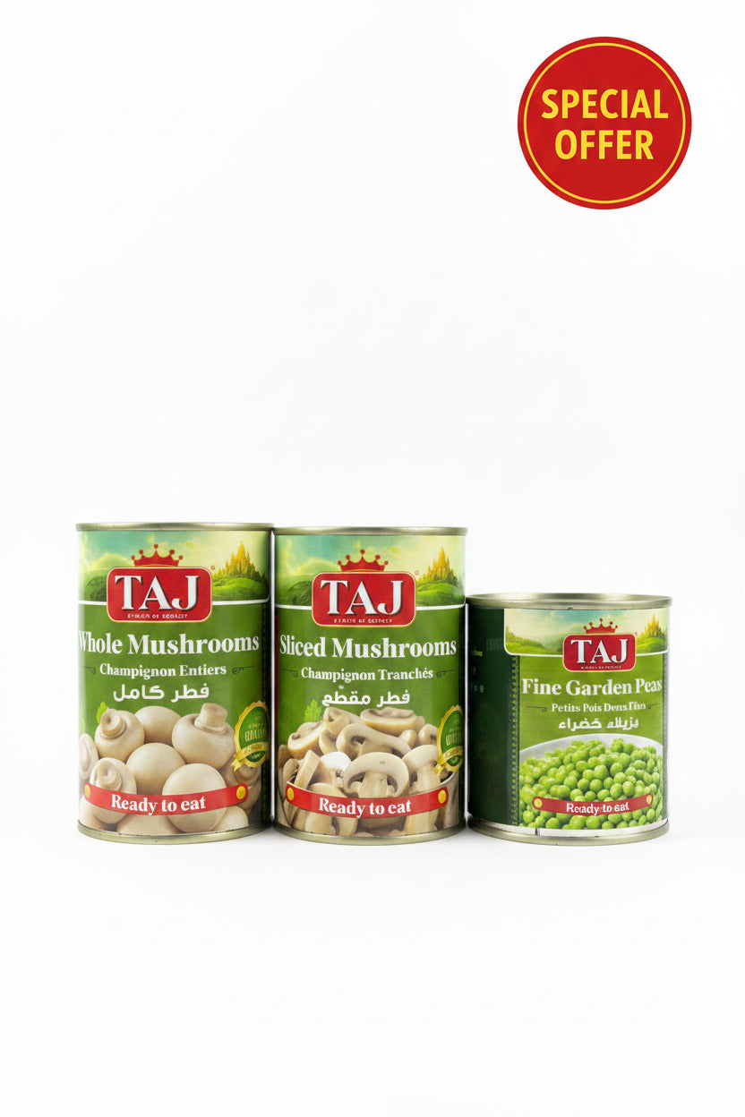 Taj Sliced /Whole Mushroom 2*400g + Fine Garden Peas 280g Special Offer