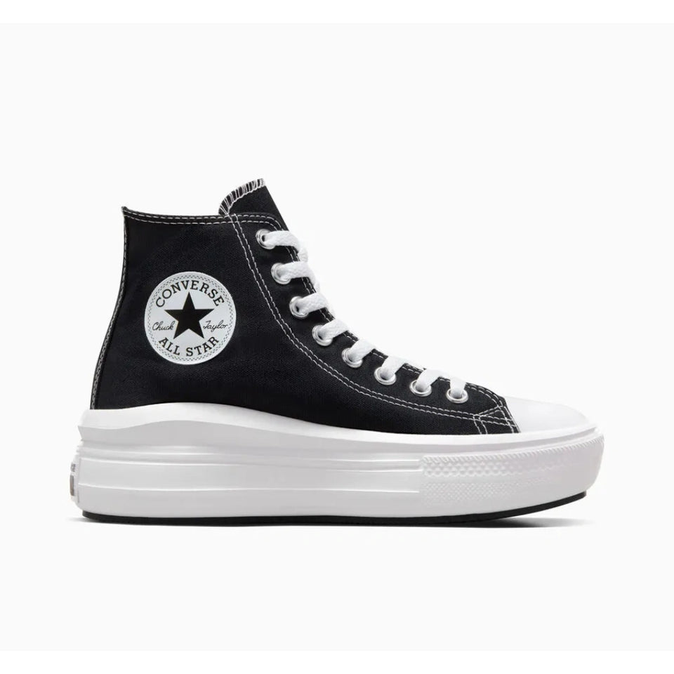 A black high-top platform sneaker with a thick white sole, white laces, and a circular Converse All Star logo patch on the side, shown against a plain white background.