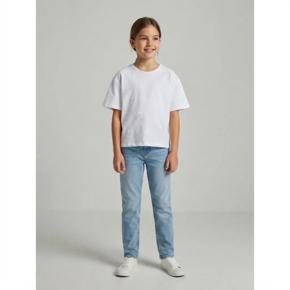 Sinsay Girls White Crew Neckline Featuring Tonal Embroidered Floral Details T-Shirt