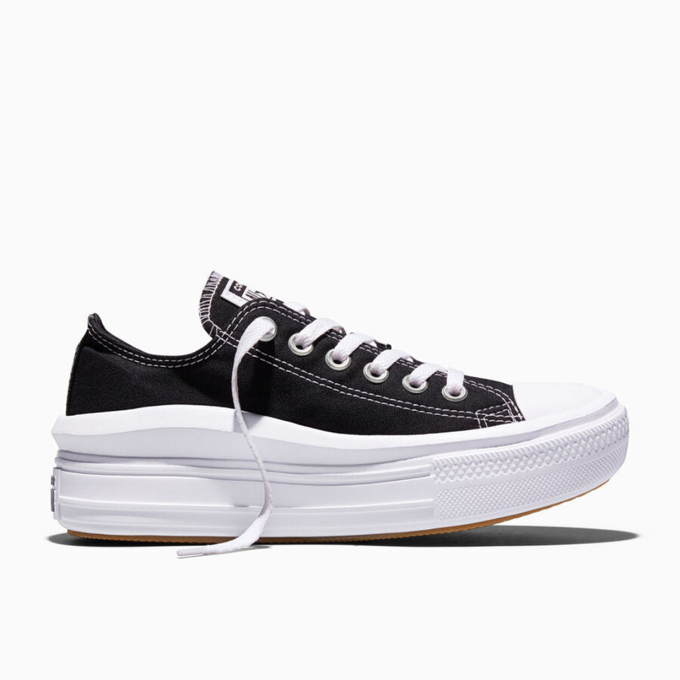Black sneaker with white laces on a white background