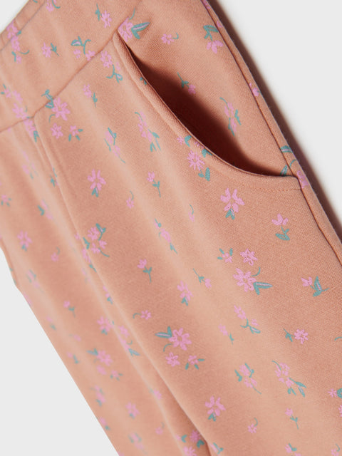 Close-up of a pink garment with floral pattern on a white background