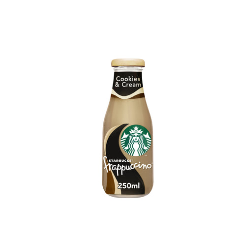 Starbucks Frappuccino bottle with 'Cookies & Cream' flavor on a white background