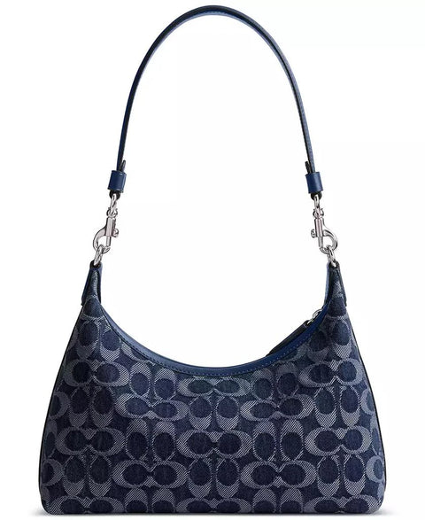 Blue handbag with a pattern on a white background