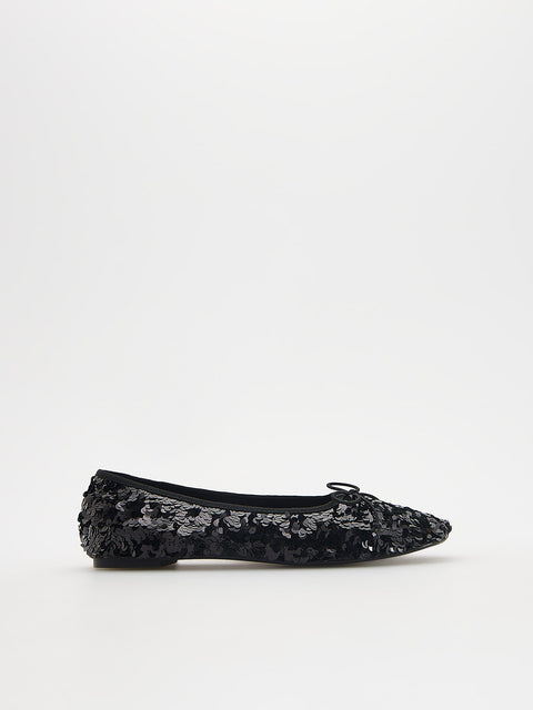 Black floral sequin ballerina flat shoe on a white background