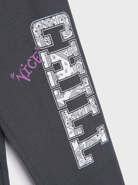 Black sweatshirt with white patterned text and pink 'Nice' text on a white background