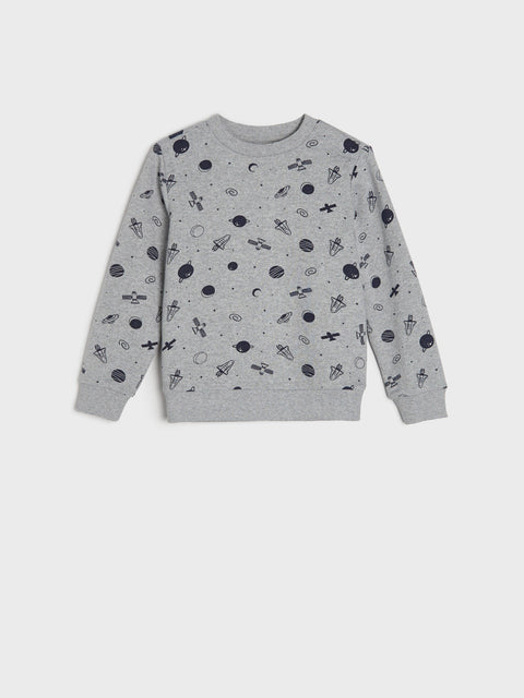 Gray sweatshirt with space-themed pattern on a white background