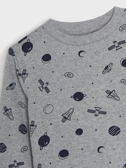Gray long-sleeve shirt with space-themed pattern on a light gray background