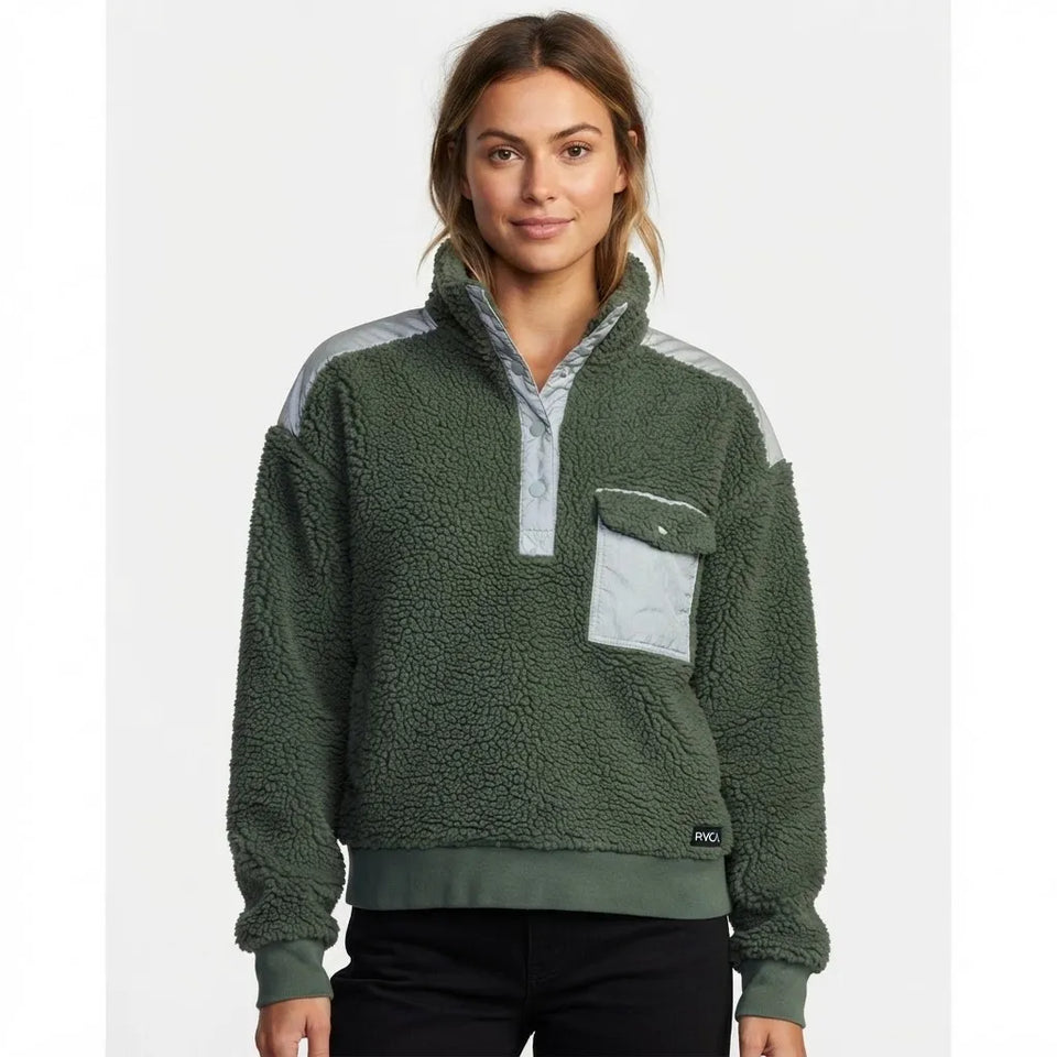 RVCA Women's Dark Green Sherpa Fleece Pullover Sweatshirt